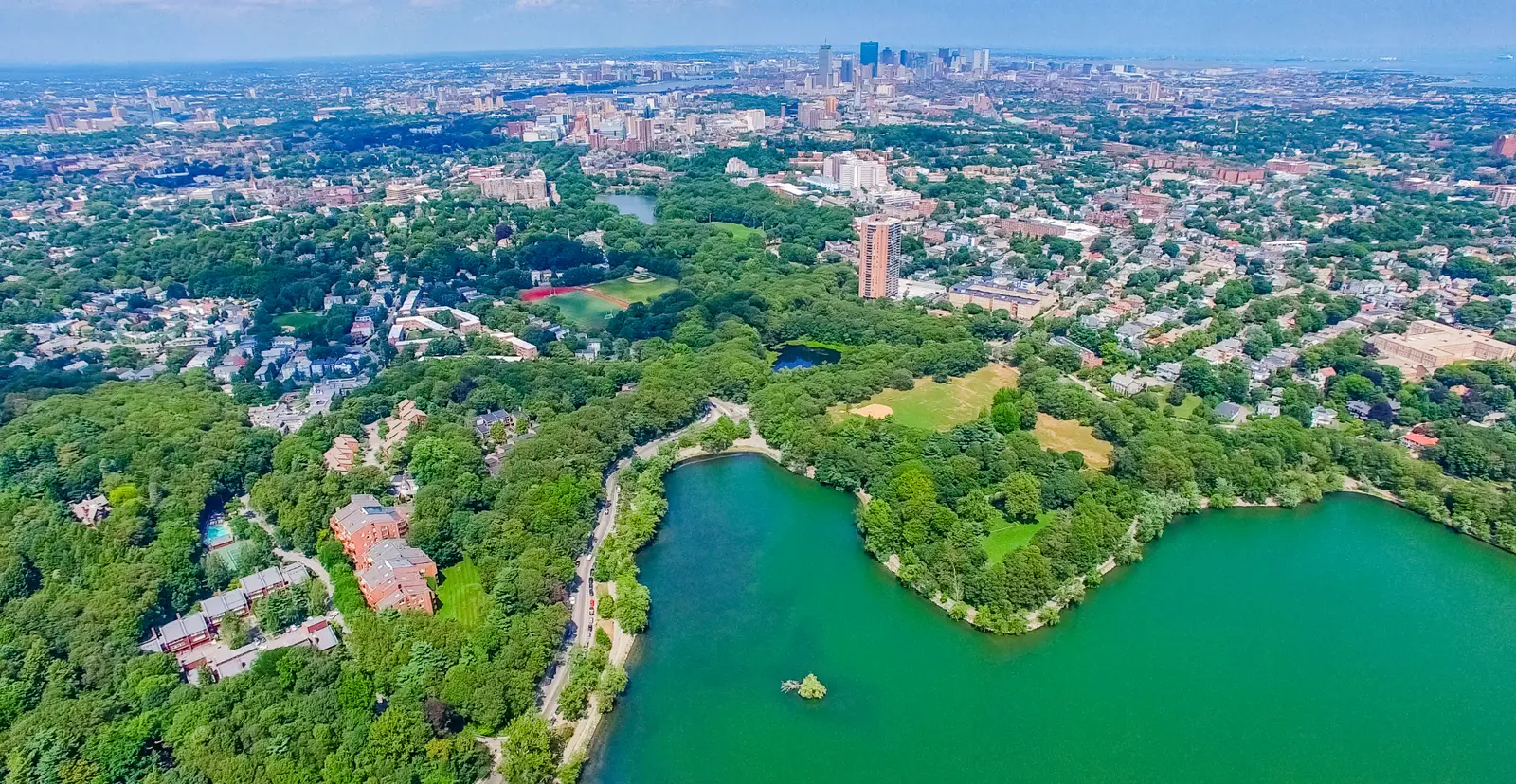 Jamaica Plain from above, with Jamaica Pond and the Boston skyline