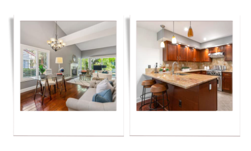 Phot of a modern living room (left), Photo of a wooden modular kitchen (right)