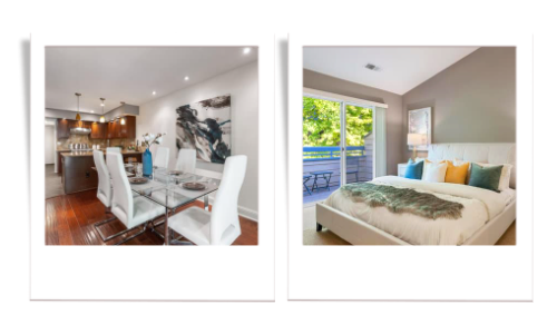 Photo of a modern dining room (left), Photo of a modern bedroom (right)