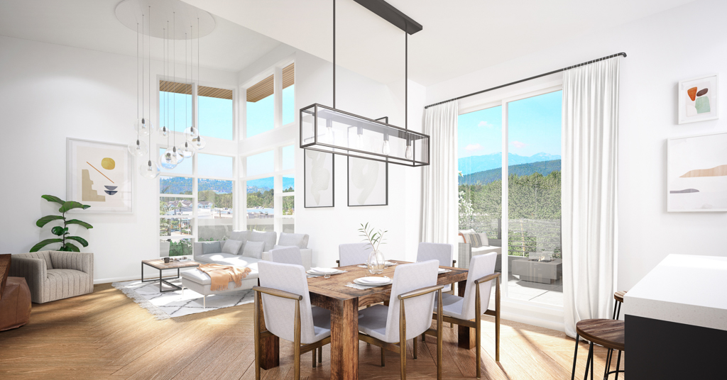 Artist rendering of Clyde's living area interior featuring herringbone flooring, oversized windows and high ceilings.