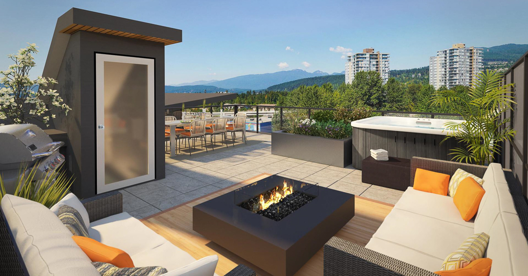 Artist's rendering of rooftop deck with hot tub, fire pit and mountain view.