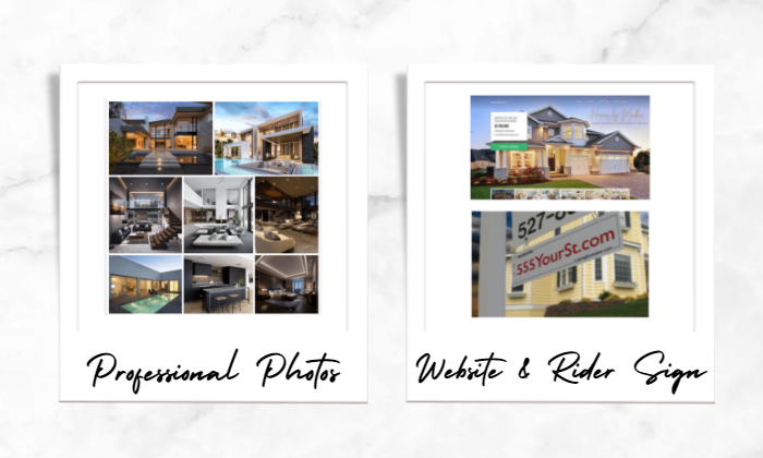 Photo of a sample set professional photos (left), Photo of the website and the rider sign (right)