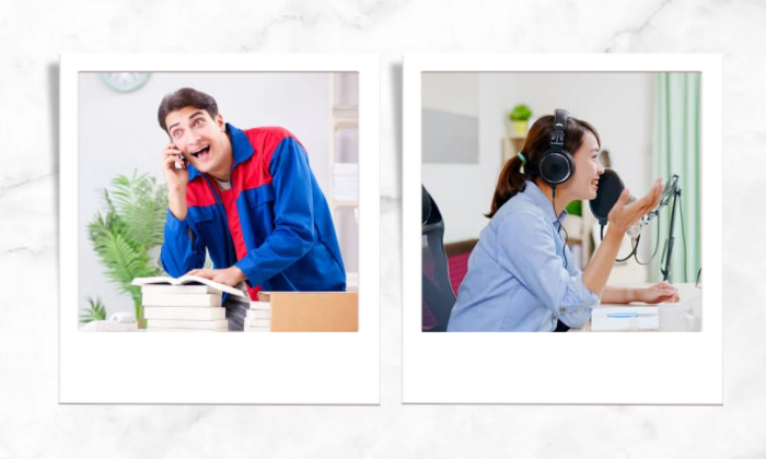 Photos of people communicating through phones