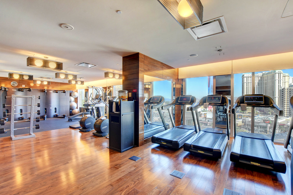 The fitness center at Waldorf Astoria luxury high rise condo building in Las Vegas