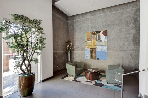 The lobby at Newport Lofts high rise condominium building in Las Vegas