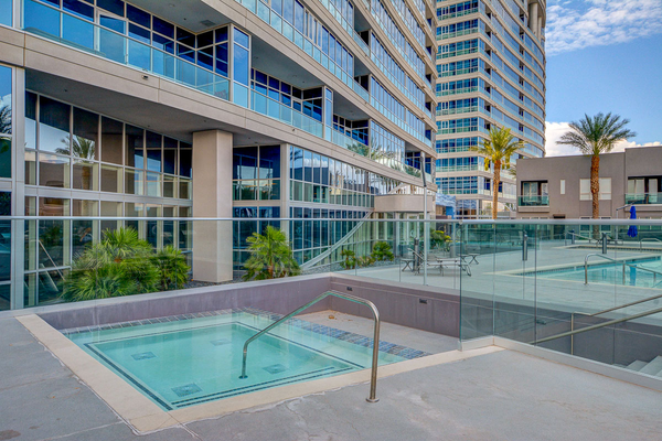 The resort-style swimming pool at Panorama Towers luxury high rise condominium building in Las Vegas