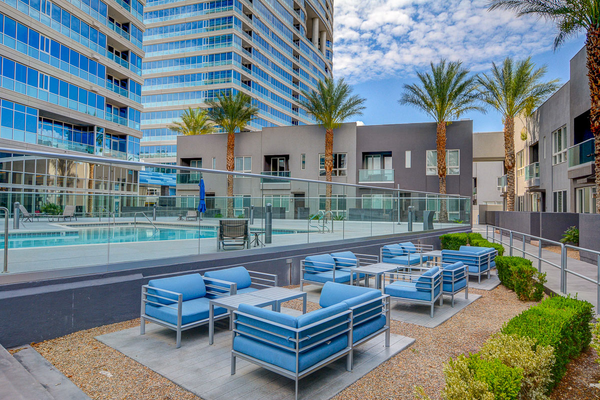 Poolside at Panorama Towers luxury high rise condo building in Las Vegas