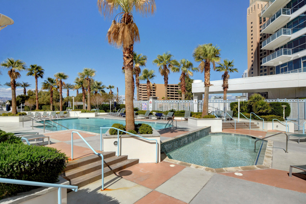 The resort swimming pool at Sky Las Vegas high rise condo building in Las Vegas