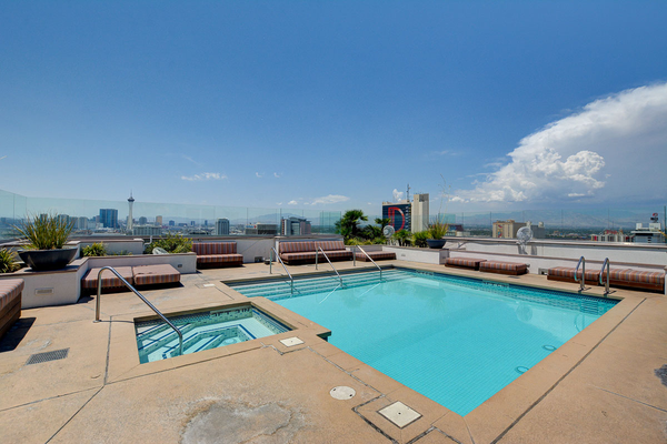 The rooftop swimming pool at The Ogden in Las Vegas, Nevada with views of the Las Vegas Strip