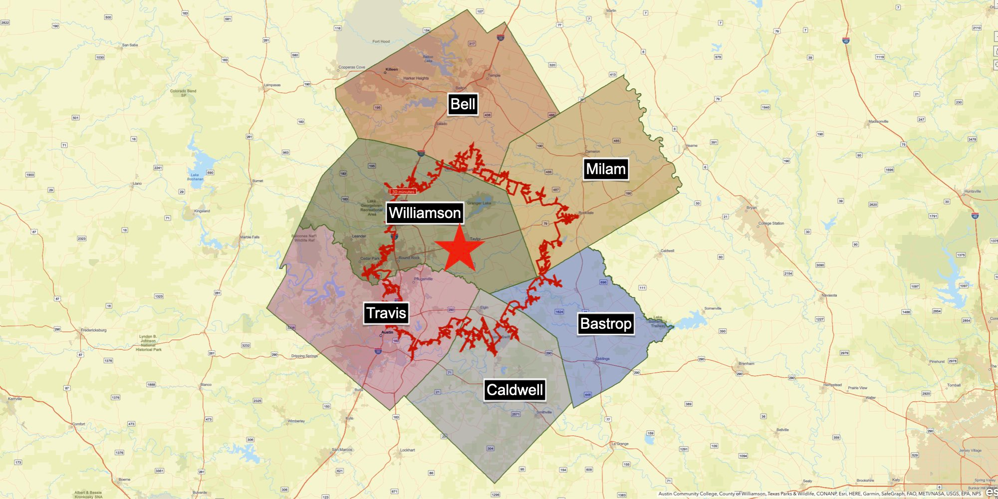 30 Minute Commute Map to Samsung in Taylor