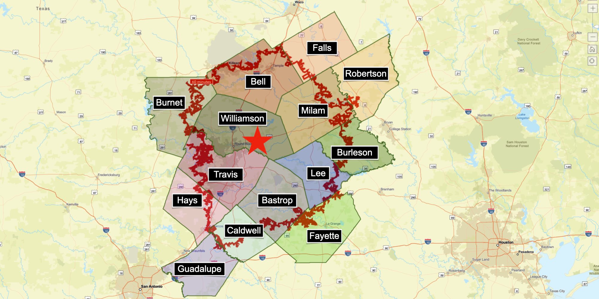 60 Minute Commute Map to Tesla Gigafactory in Austin