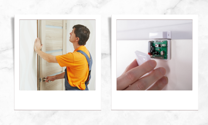 Photo of a person inspecting the door (left), Photo of a person fixing the door bells (right)
