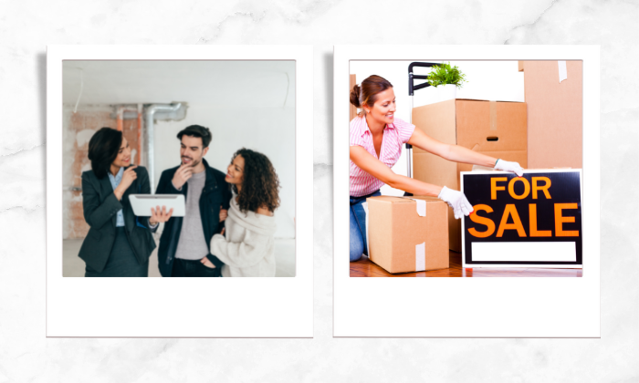 Photo of three people having discussions while looking a digital tablet (left), Photo of a woman getting ready for the sale of her house (right) 