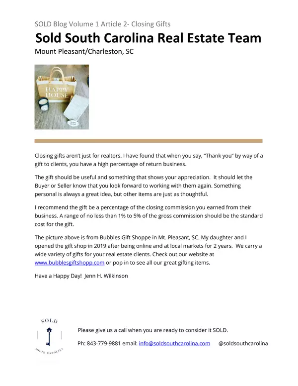 Bubbles Gift Shoppe - More than just closing gifts!,Sold South Carolina Team