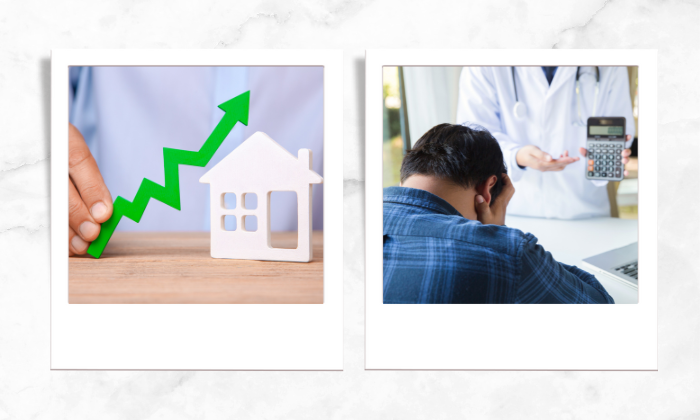 Photo of a house block and an uprising arrow beside (left), Photo of a man frustrated after seeing a computed price (right)