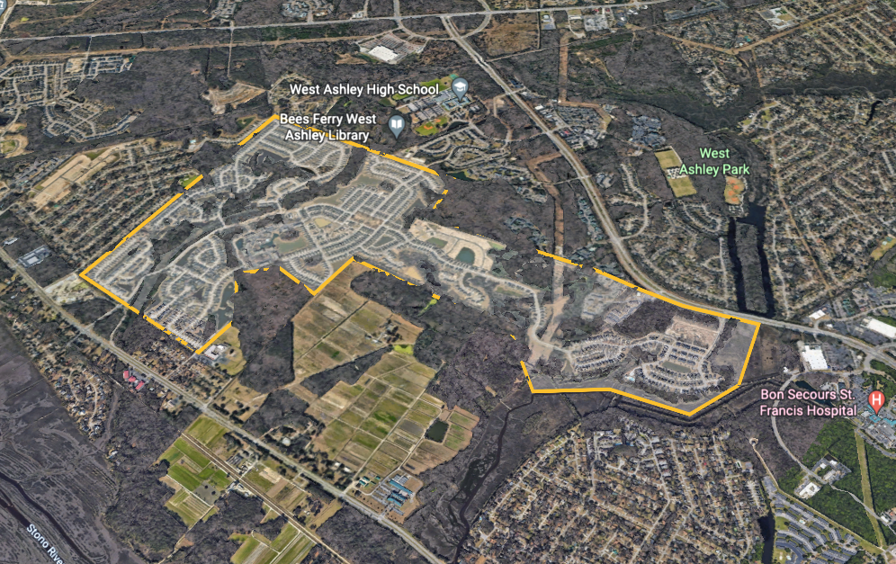 Satellite image of carolina bay community in west ashley sc