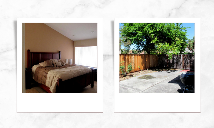 Photo of a comfortable wooden bed (left), Photo of a spacious backyard with a griller (right)