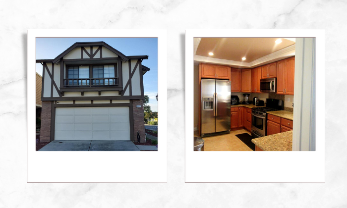 Photo of the house facade (left), Photo of a wooden modular kitchen (right)