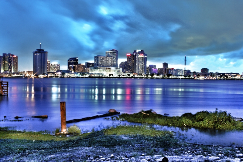 The New Orleans skyline as seen from Algiers Point at night.