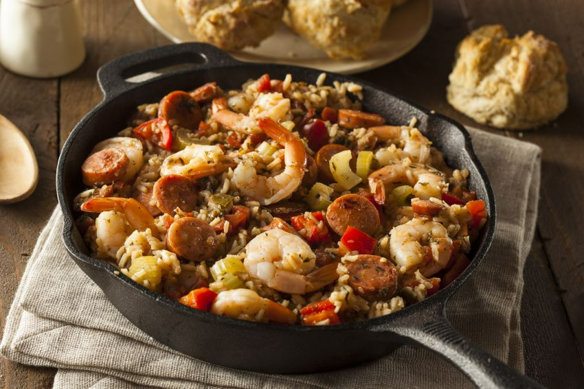 A big bowl of steaming hot jambalaya, cooking from New Orleans