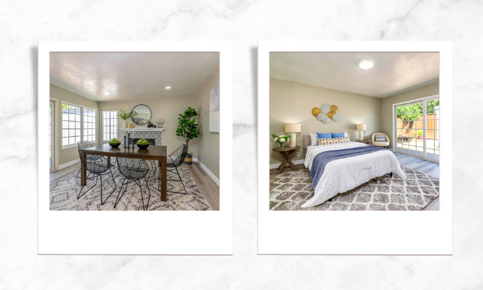 A photo of a modern dining room (left), A photo of a modern bedroom (right)