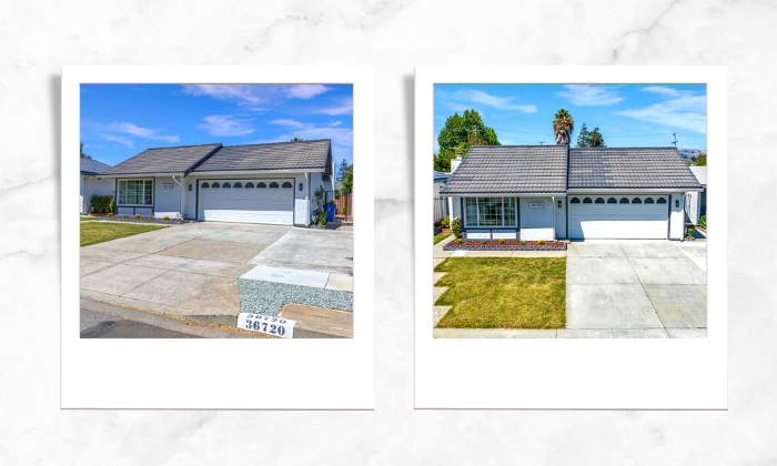 Two photos of a house facade