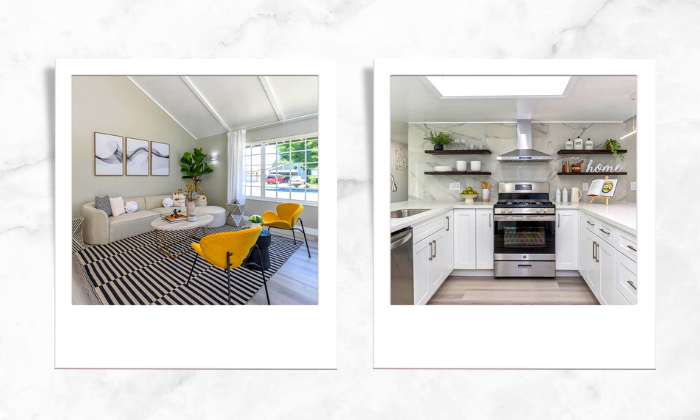 Photo of a modern living room (left), Photo of a modern white kitchen (right)