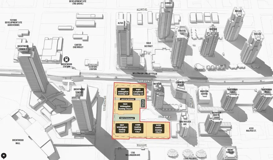 map of new bosa development master plan area for brentwood west on halifax street and willingdon street 