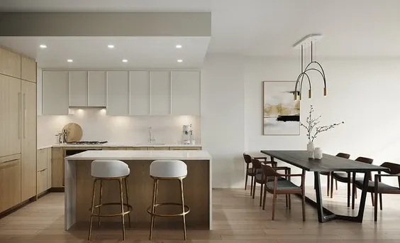 kitchen and dining rendering for polygons elle development in north vancouver