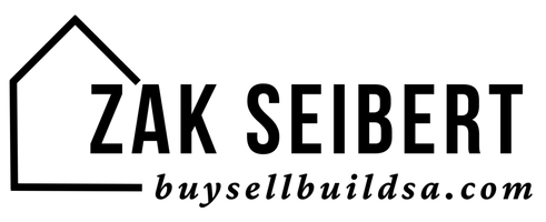 Black company logo that says Zak Seibert with the web address below it, www.buysellbuildsa.com with the outline of a house around it