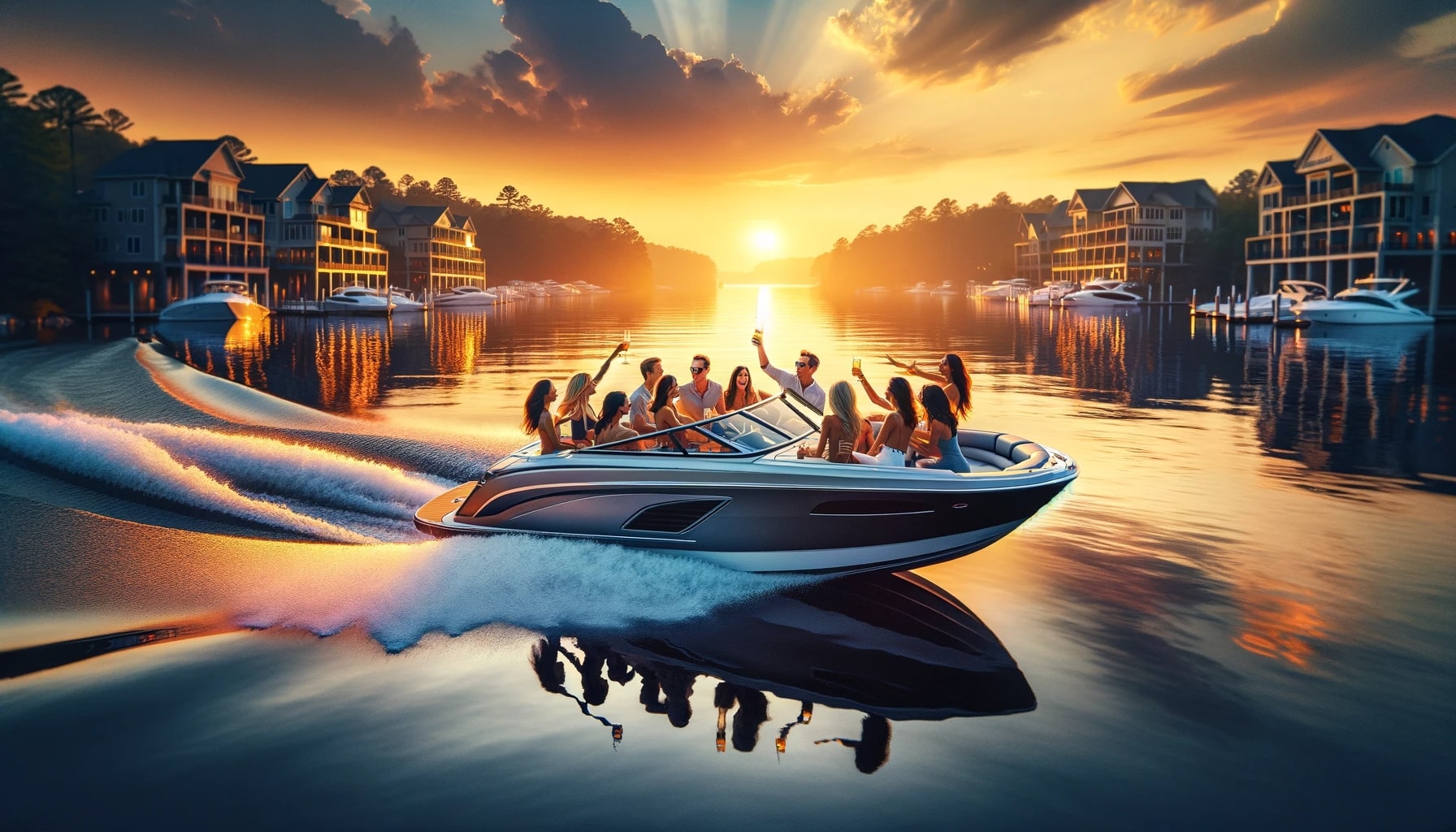  at Marina Bay, where people are enjoying a sunset boat cruise. It shows a group on a modern boat, sharing laughter and toasts as they cruise the tranquil lake waters. The setting sun casts a golden hue, with the Marina Bay community silhouetted in the background, highlighting the luxury and leisure lifestyle of the area.