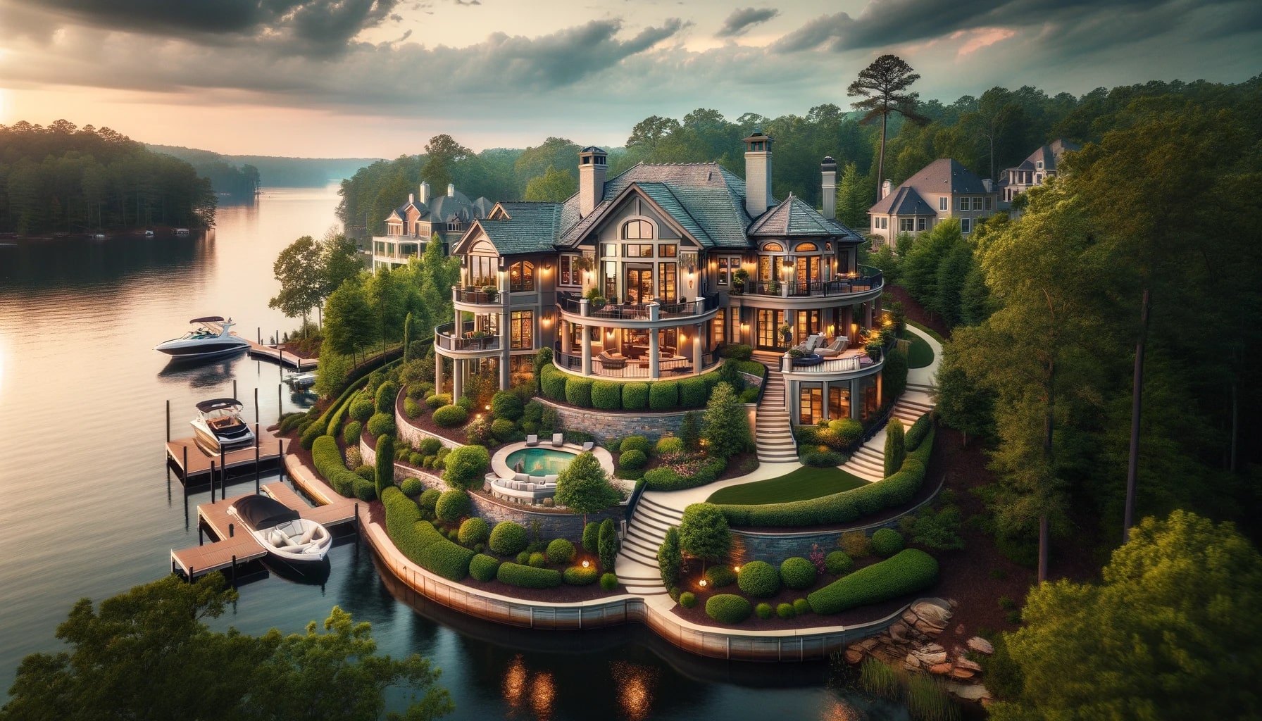 a picturesque view of a luxurious home in Marina Bay, featuring large windows overlooking the lake, lush landscaping, and a path leading to a private dock with a moored boat. The calm waters of Lake Lanier beautifully reflect the sky and surrounding nature, emphasizing the serene living experience.