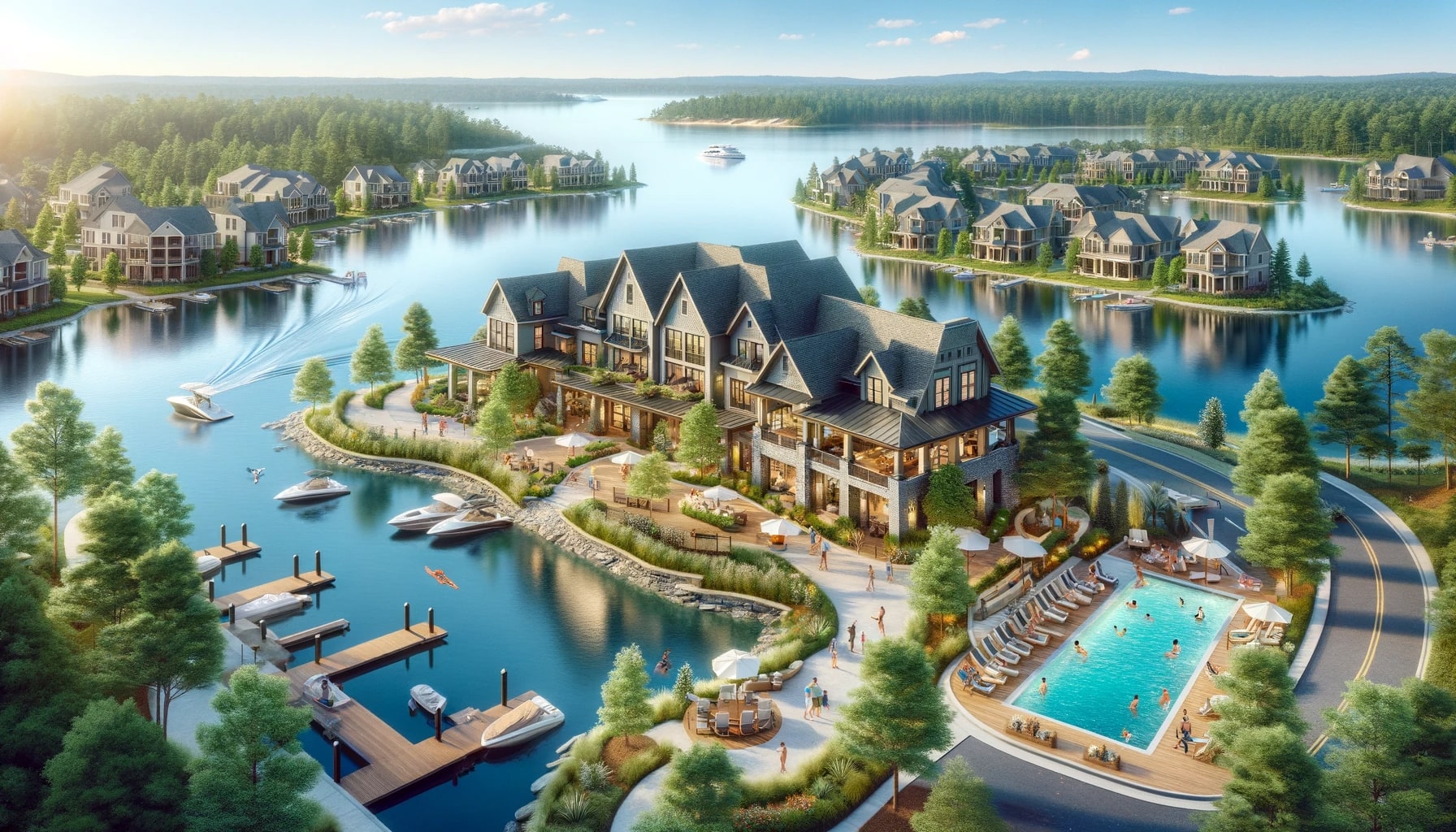 luxurious lakeside community, showcasing modern homes, a state-of-the-art clubhouse, a private marina with boats, and people enjoying activities like swimming and fishing. This scene reflects the upscale and tranquil lifestyle of Marina Bay on Lake Lanier.