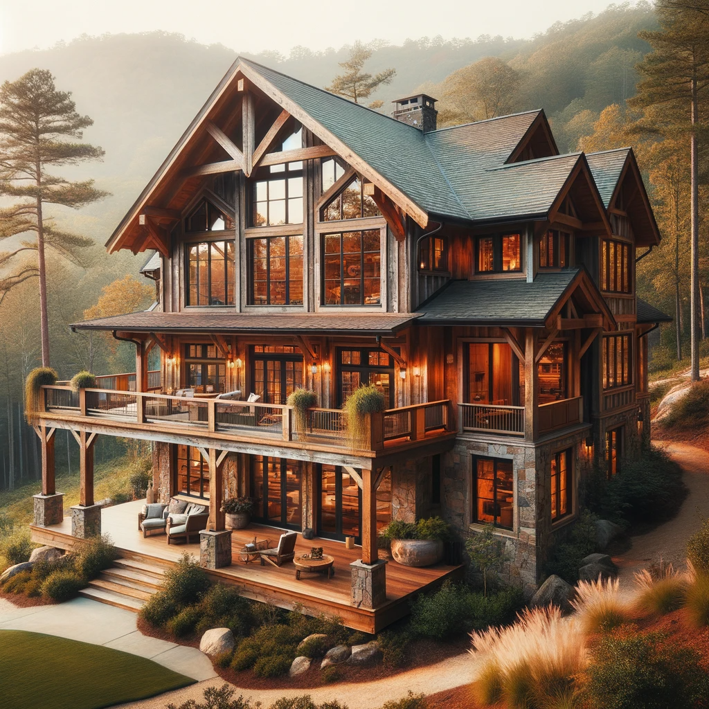 luxurious cabin nestled in the scenic beauty of the North Georgia mountains near Dahlonega. It features a rustic wooden exterior, large windows, and a wraparound porch overlooking a forest, perfectly embodying the charm and natural allure of Dahlonega, Georgia.