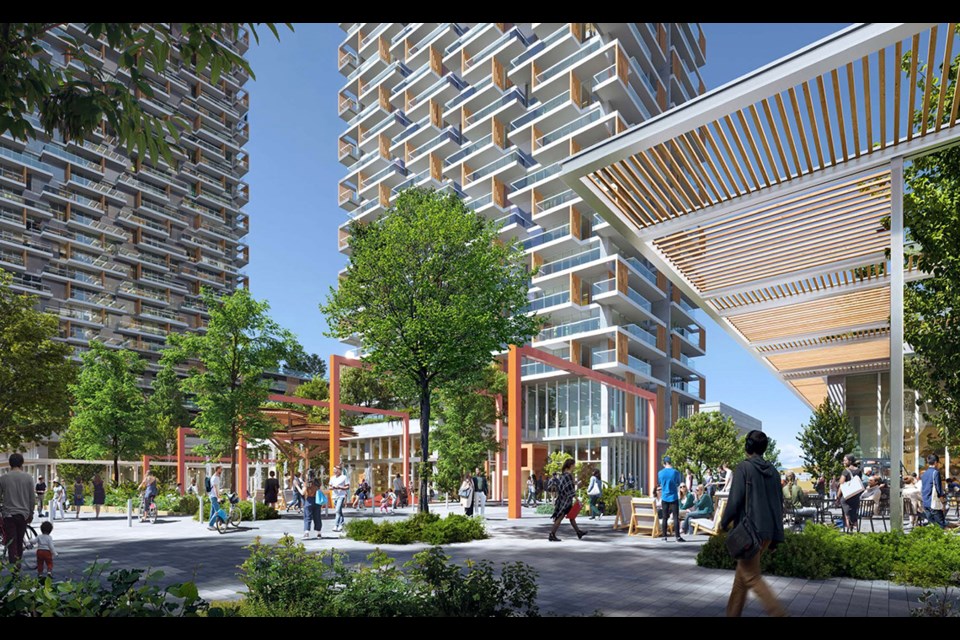Ground level rendering of Beedie Living towers for residents to enjoy