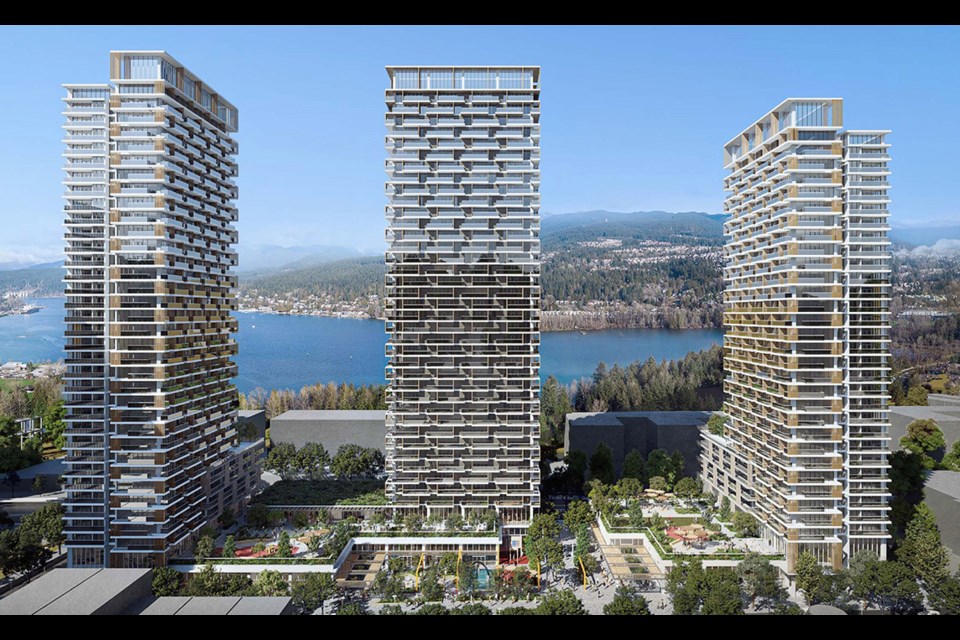 renderings of Beedie Living newly proposed towers for Port Moody Downtown region