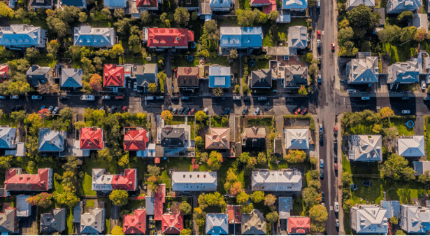 Aerial view of neighborhood homes