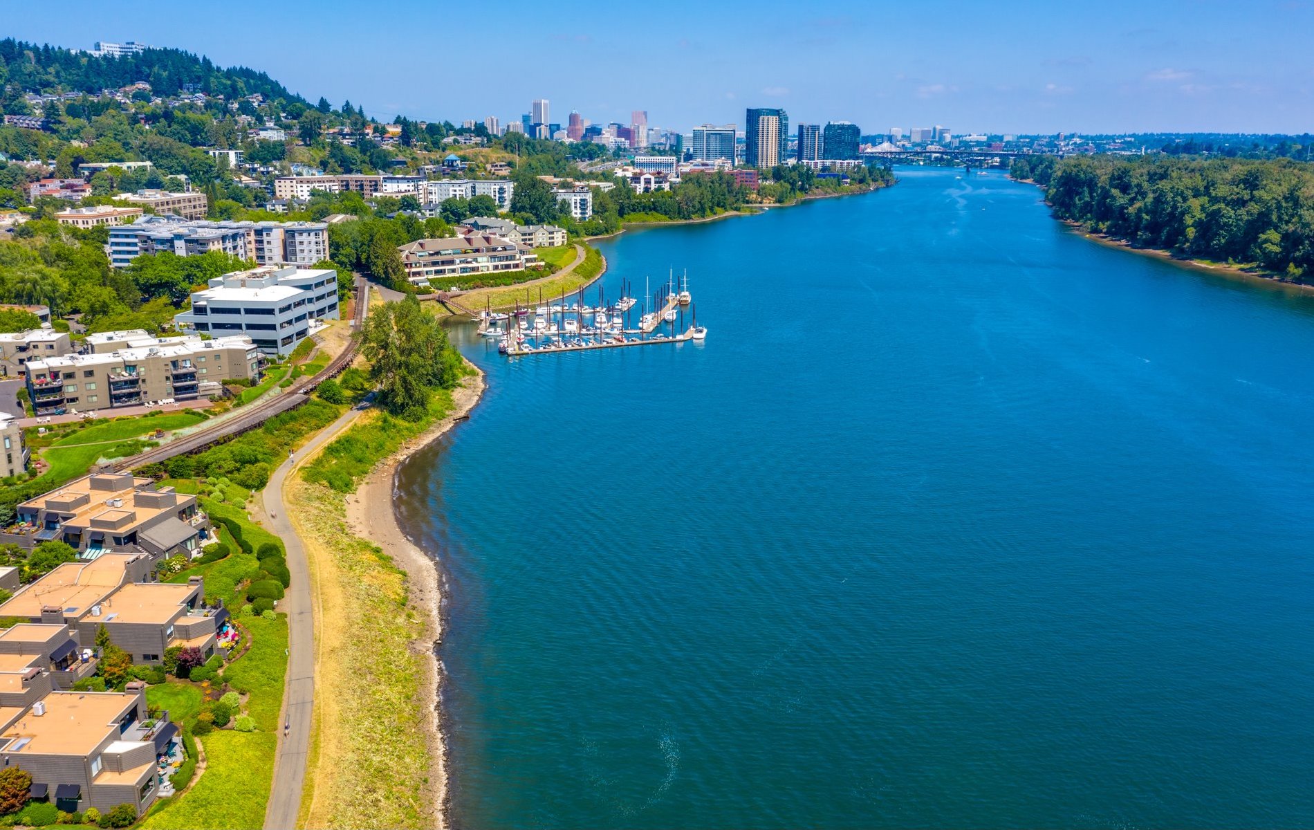 Aerial photo of Johns Landing along the Willamette River