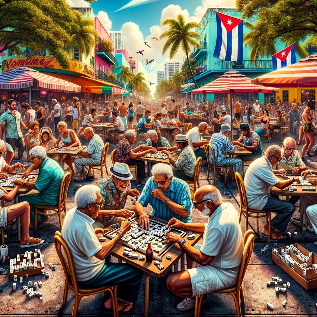 People playing Domino's in beautiful Miami, FL. A guide to domino. a history of dominoes. Miami's favorite game.
