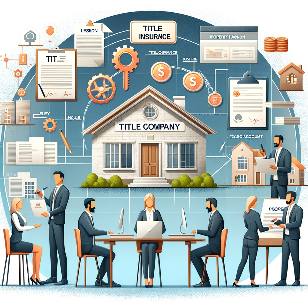 Here is an image depicting the various roles of a title company in a property purchase. The scene illustrates a professional setting where title company representatives are engaged in activities like conducting a title search, presenting title insurance documents, managing an escrow account, and facilitating a property closing meeting, all set against a backdrop of elements symbolizing property transactions.