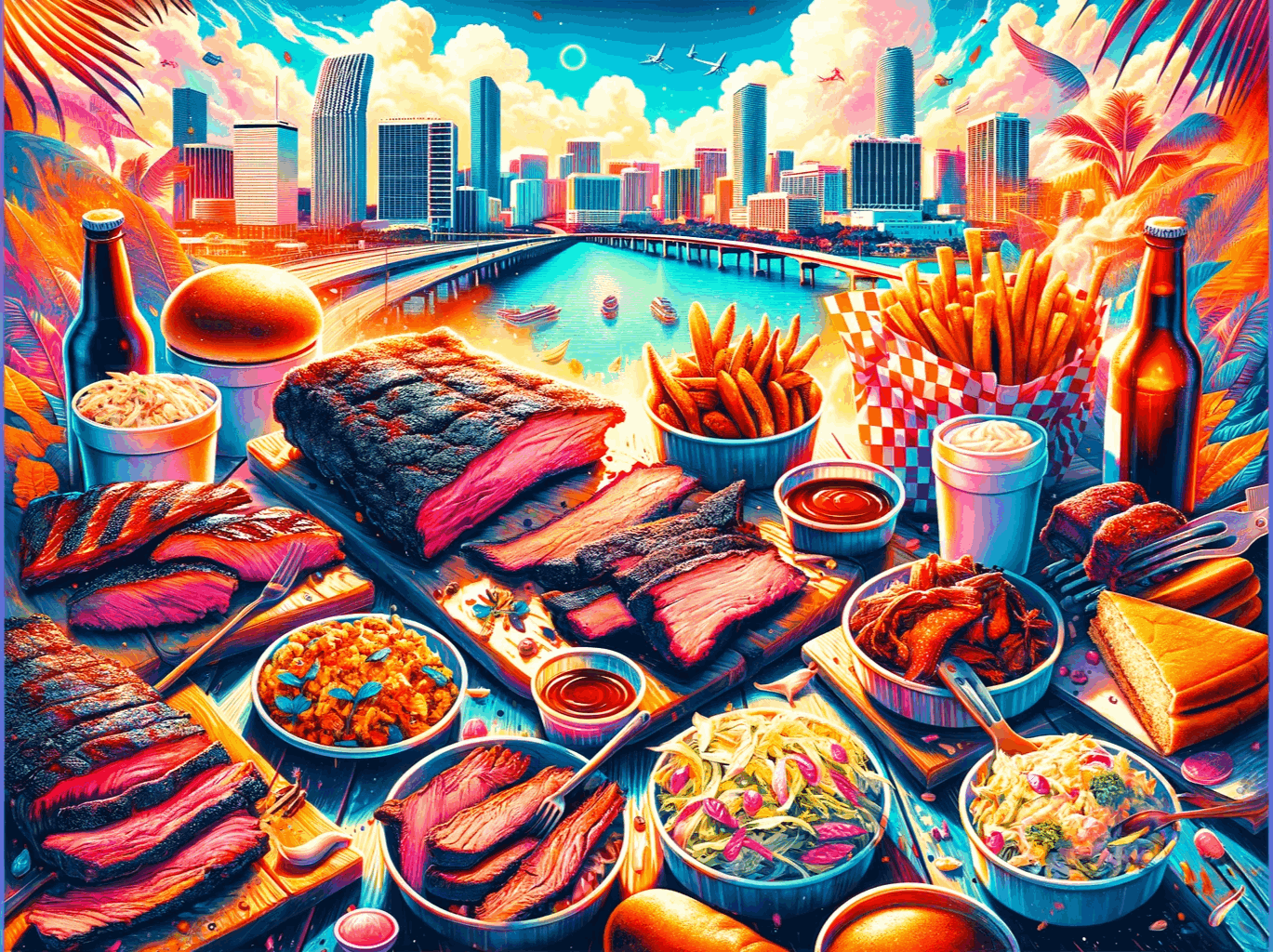 image that captures the essence of enjoying delicious BBQ in the vibrant and diverse setting of Miami, showcasing a variety of BBQ dishes set against a lively Miami backdrop.