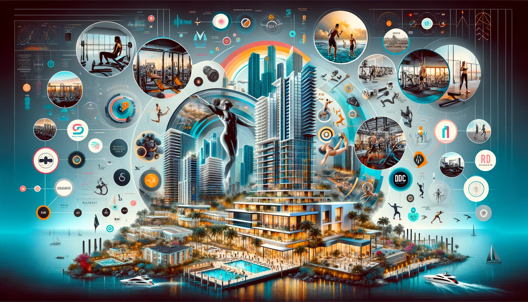 image showcasing a collage of Miami's top gyms and their impact on the local real estate market. The scene integrates representations of luxury fitness centers and wellness-focused gyms, set against a backdrop that symbolizes upscale real estate in Miami, conveying a fusion of health, fitness, and upscale living