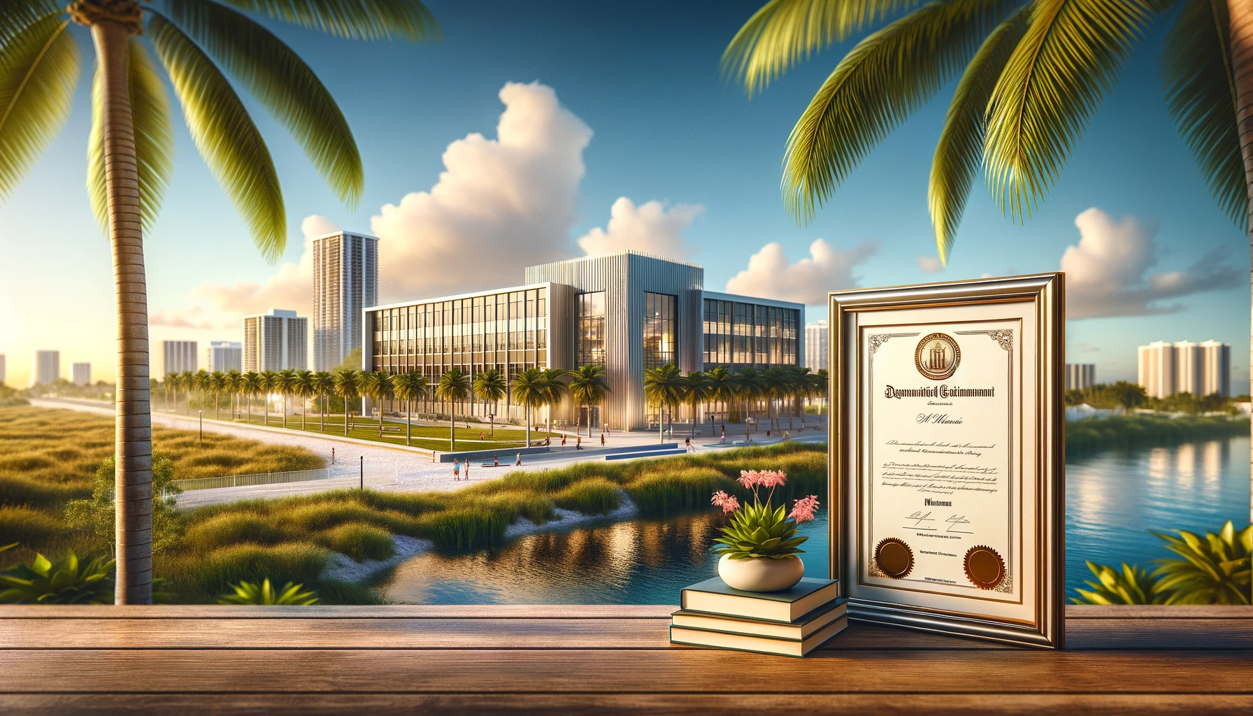 image that captures a school in Miami, Florida, with an award certificate displayed next to it, set against a beautiful Miami landscape. The scene combines the modern and inviting look of the school with the elegance of the award, symbolizing the city's dedication to educational excellence.