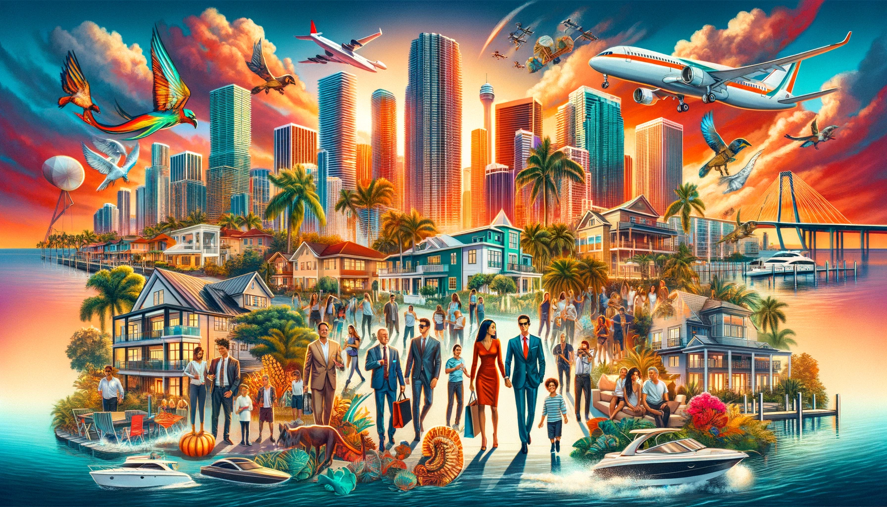 image that visually complements your article on the diverse real estate market of Miami in 2023. It captures a range of properties and a variety of buyers, set against the backdrop of iconic Miami landmarks and scenery.