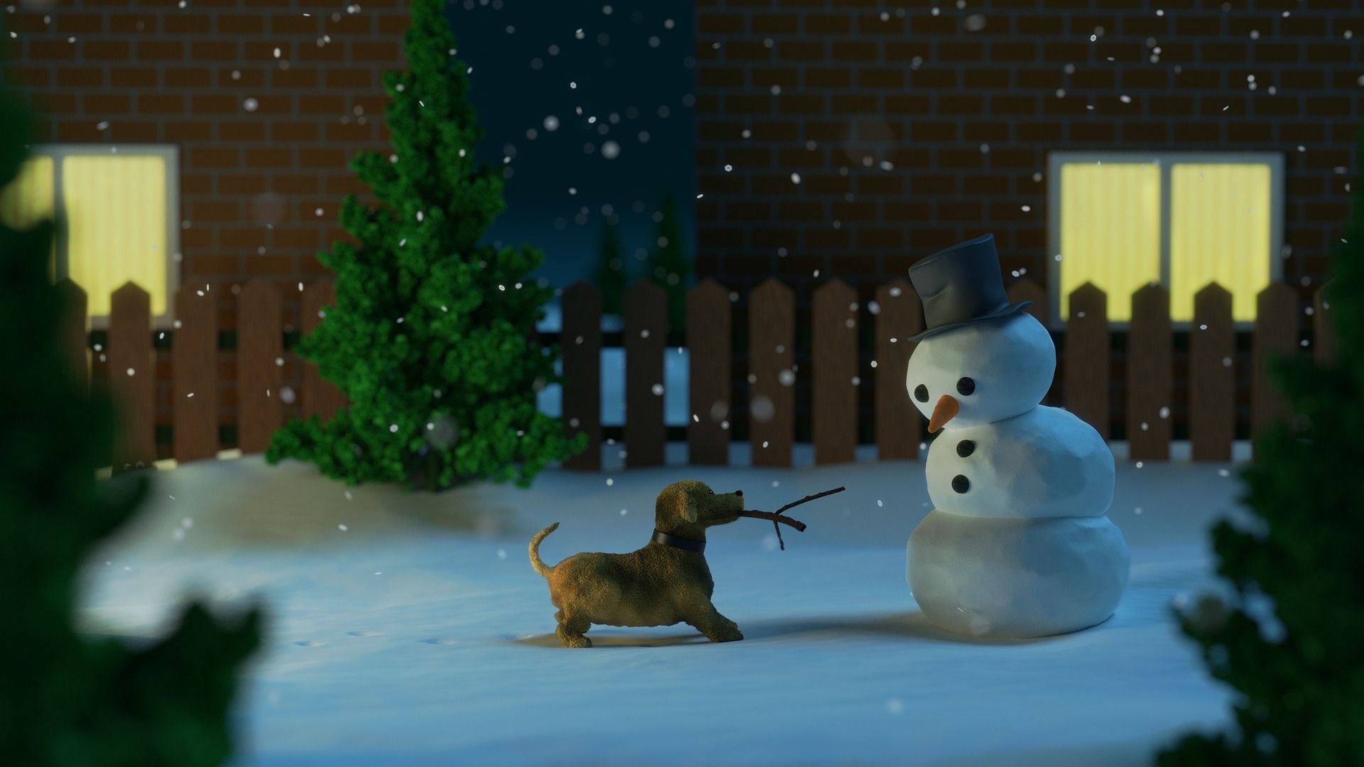 clay dog and snowman with home in background with snow and lights on in windows