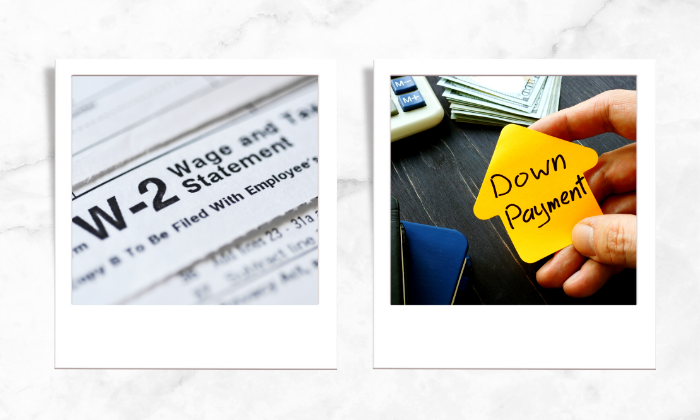 Photos of a W-2 form and a note that says down payment