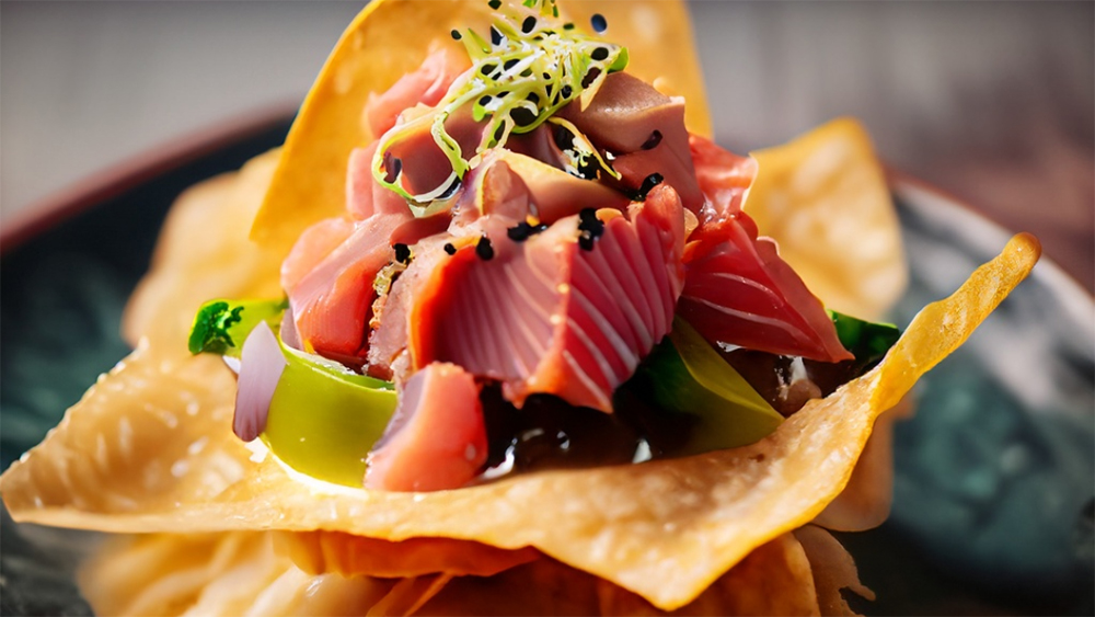 tuna poke on fried wonton skins