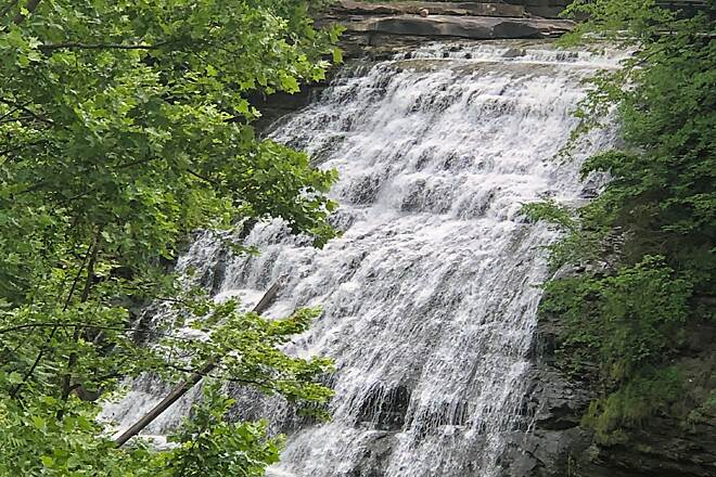 waterfall view from a side with green trees around it called Mill Creek Falls located near homes for sale in Garfield Heights Ohio