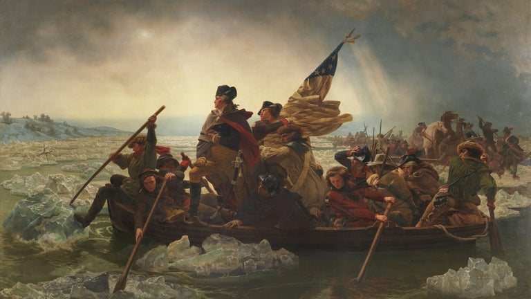 "Historic depiction of Washington Crossing the Delaware juxtaposed with a Spanish-influenced Coral Gables streetscape in Miami, symbolizing the city's indirect yet significant role during the Revolutionary War period and its enduring architectural legacy."