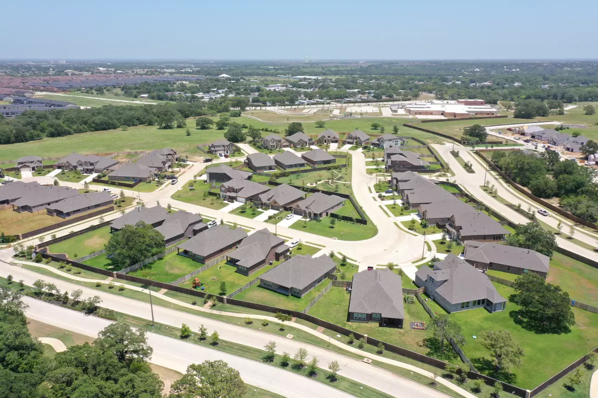 An aerial view of the beautiful Mission Ranch neighborhood, located in College Station, Texas.